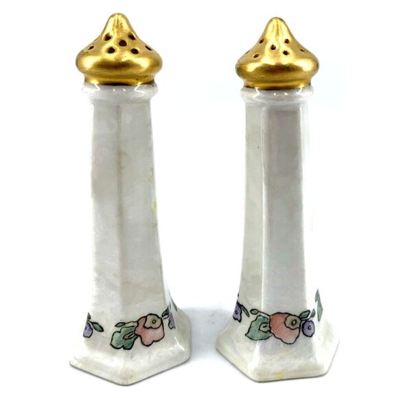 Germany Salt and Pepper Shakers Floral Hand Painted White Luster 1930 4.5" - Picture 3 of 9